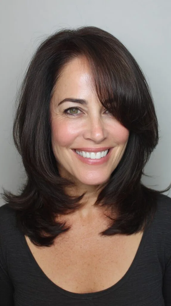 Sleek Dark Chocolate Winged Lob with Angled Side Fringe