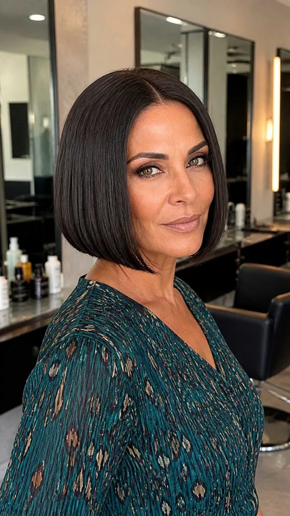 Sleek dark espresso bob with deep side part