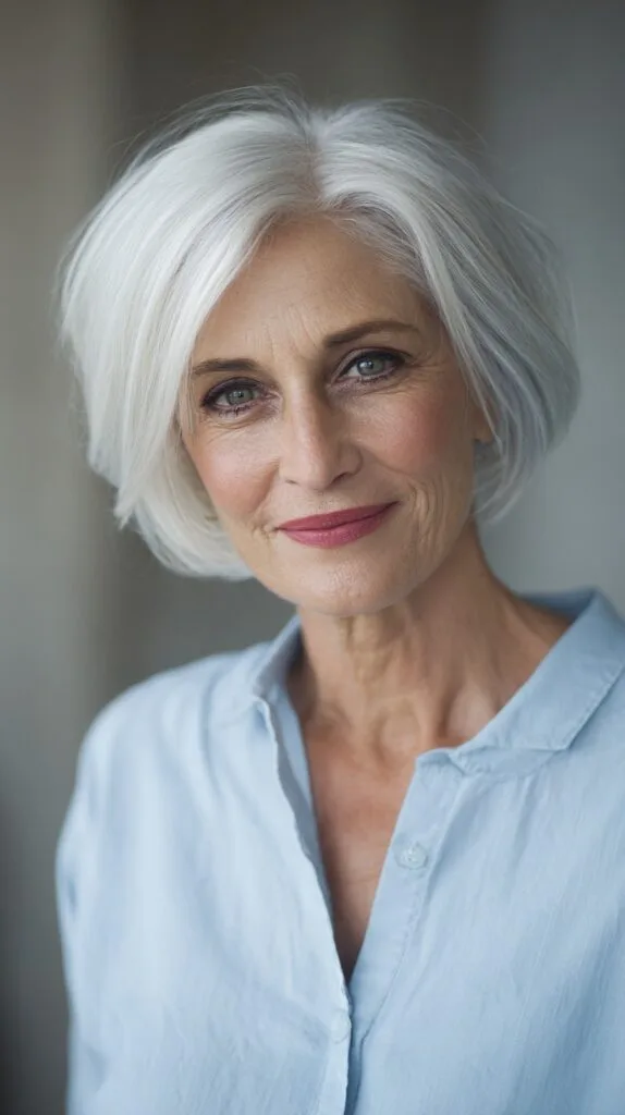 Sleek Icy White Layered Bob for Elegant Aging