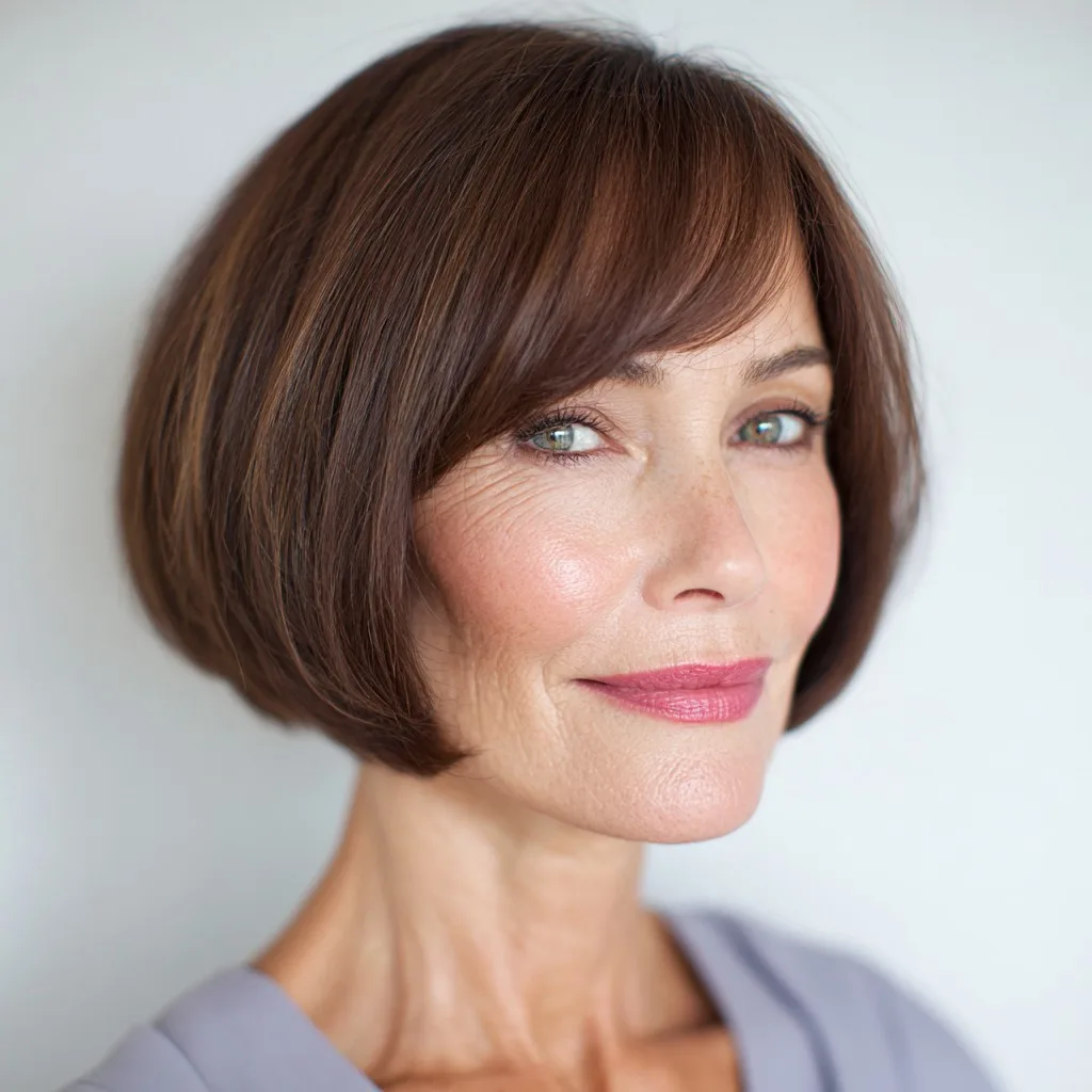 Sleek Warm Brown A-Line Bob with Soft Bangs