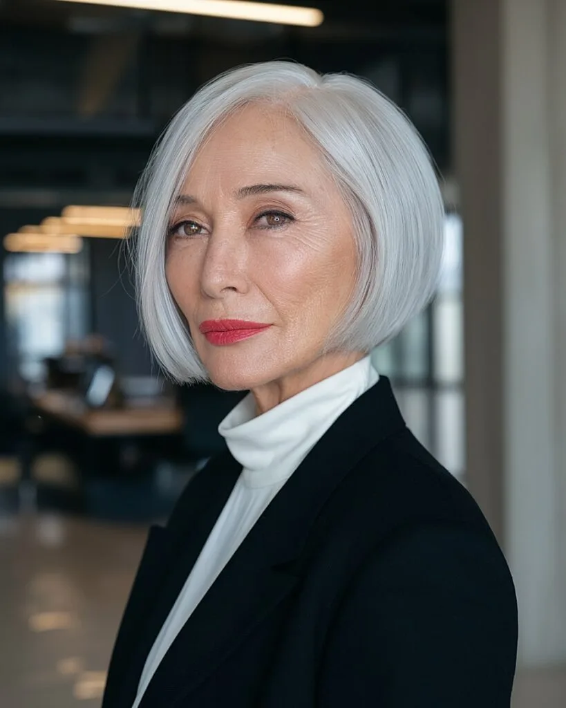 Smooth silver-grey blunt bob with a side part for elegant women over 60