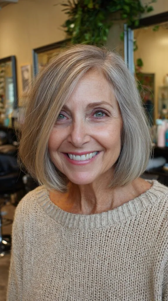 Soft Angled Chin-Length One-Length Silver Bob with Face-Framing Slice