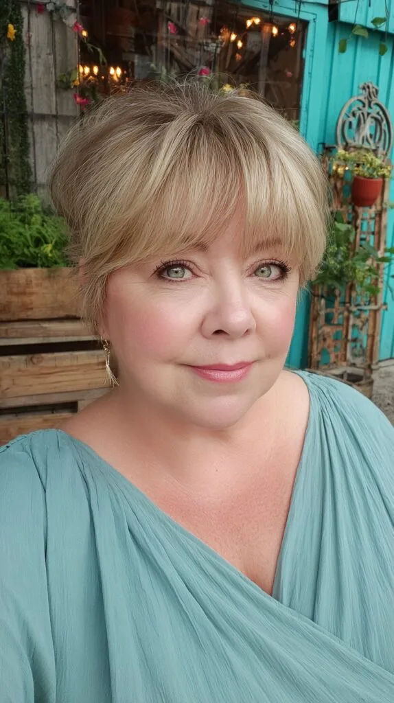 Soft Ash-Blonde Rounded Short Cut with Brow-Skimming Curtain Fringe