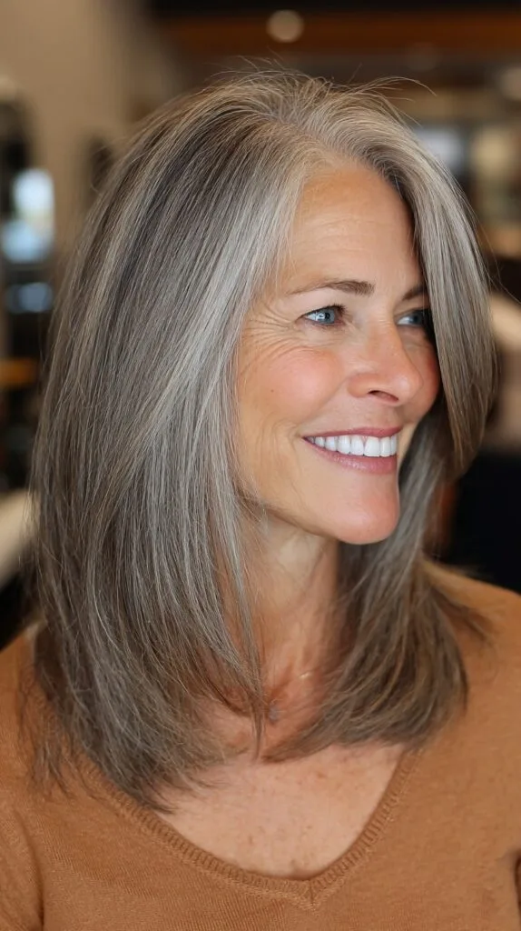 Soft Ash-Silver Mid-Length Layers with Side-Swept Face Frame