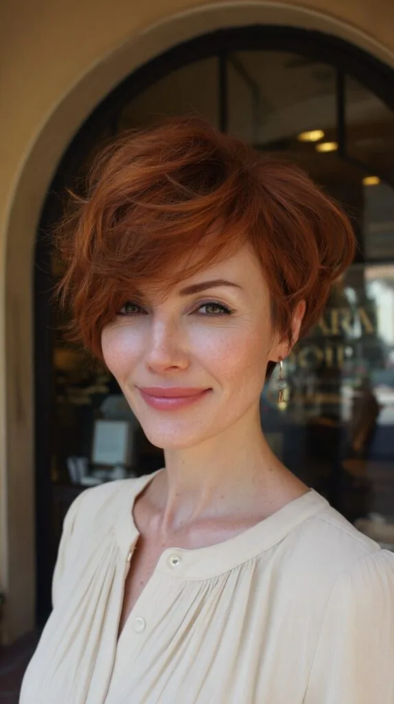 Soft Auburn Side-Swept Pixie with Crown Volume