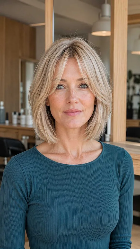 Soft Blonde Layered Bob with Piece-y Side Fringe