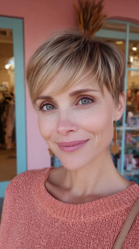 Soft Blonde Pixie with Side-Swept Fringe and Subtle Root Shadow