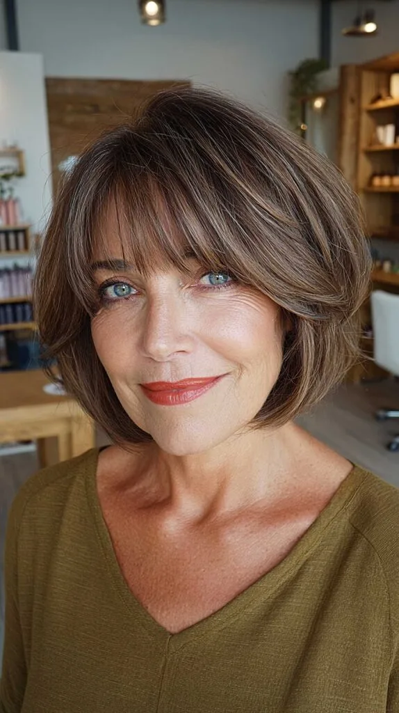 Soft brunette layered bob with wispy bangs and highlights