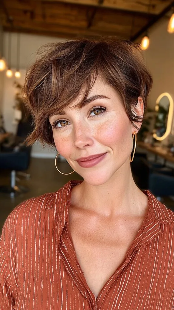 Soft Brunette Pixie with Whimsical Bangs