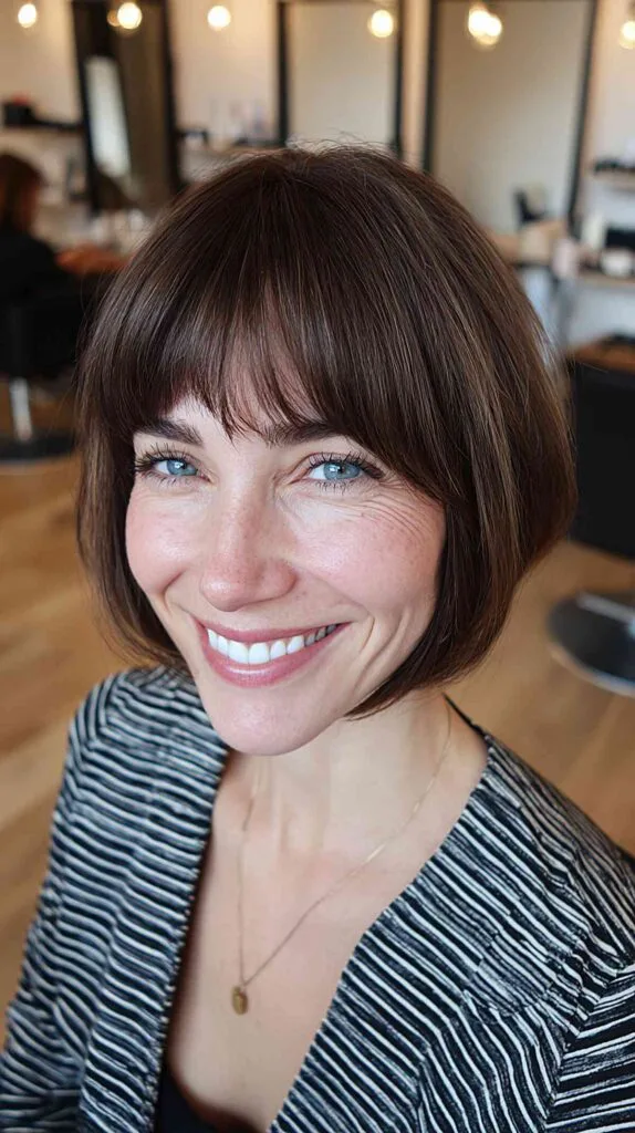Soft Chestnut Jawline Bob with Fringe