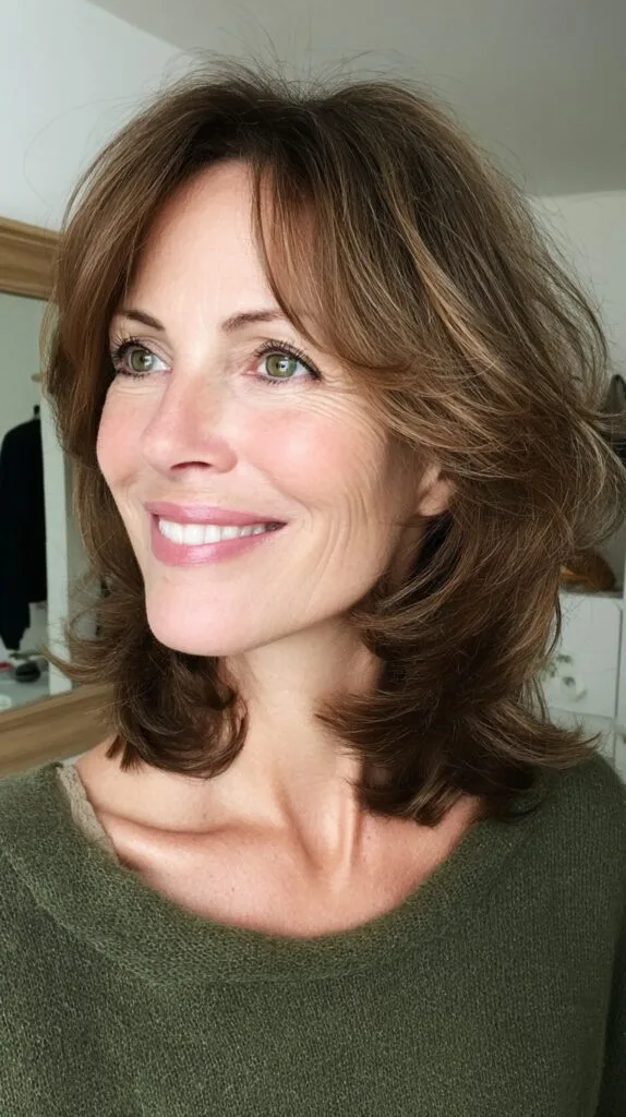 Soft Chestnut Medium Butterfly Lob with Airy Face-Framing Layers