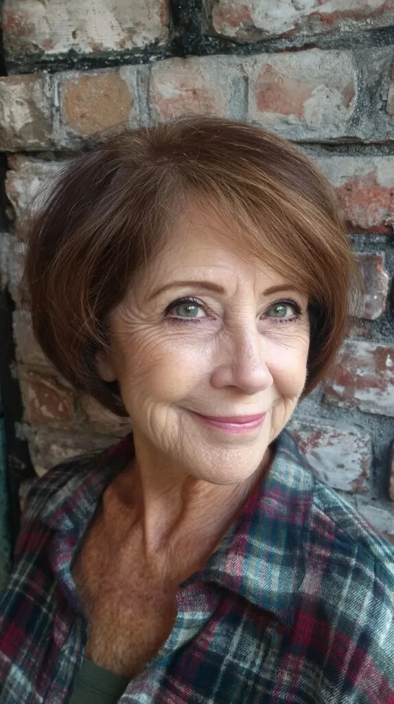 Soft Chestnut Rounded Short Bob with Long Side‑Sweep