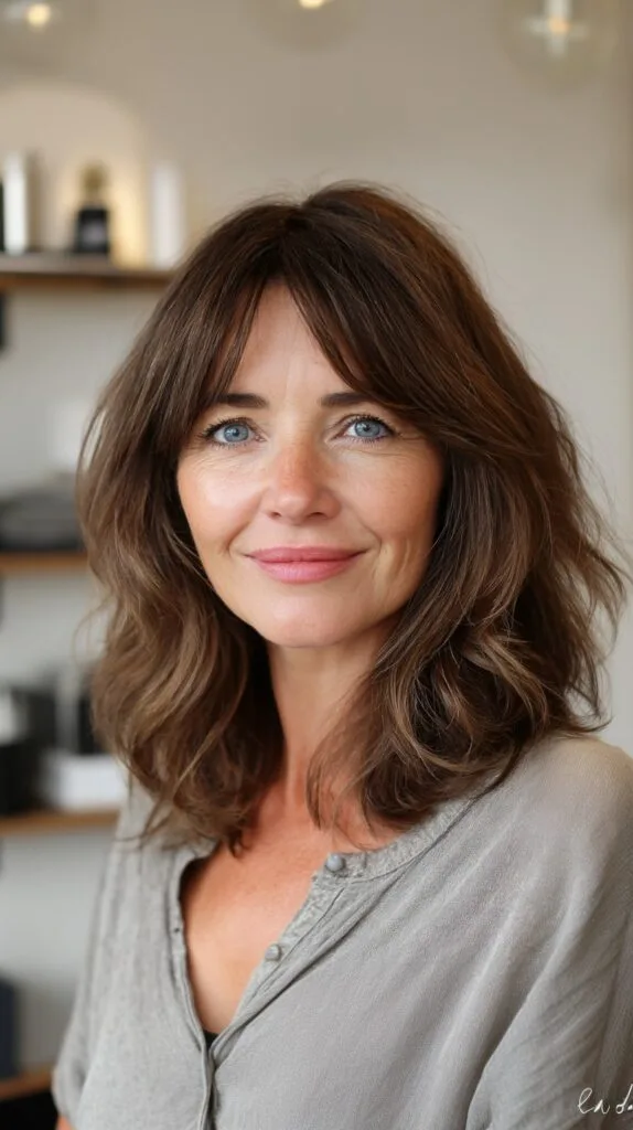 Soft Chestnut Shoulder-Length Cut with Wispy Curtain Fringe