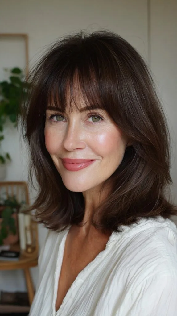 Soft Chestnut Shoulder-Length Lob with Micro Fringe and Face-Framing Layers