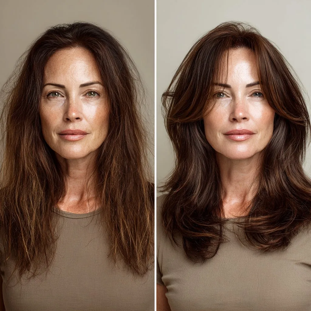 Soft Chocolate Curtain Layers with Face-Framing Blowout