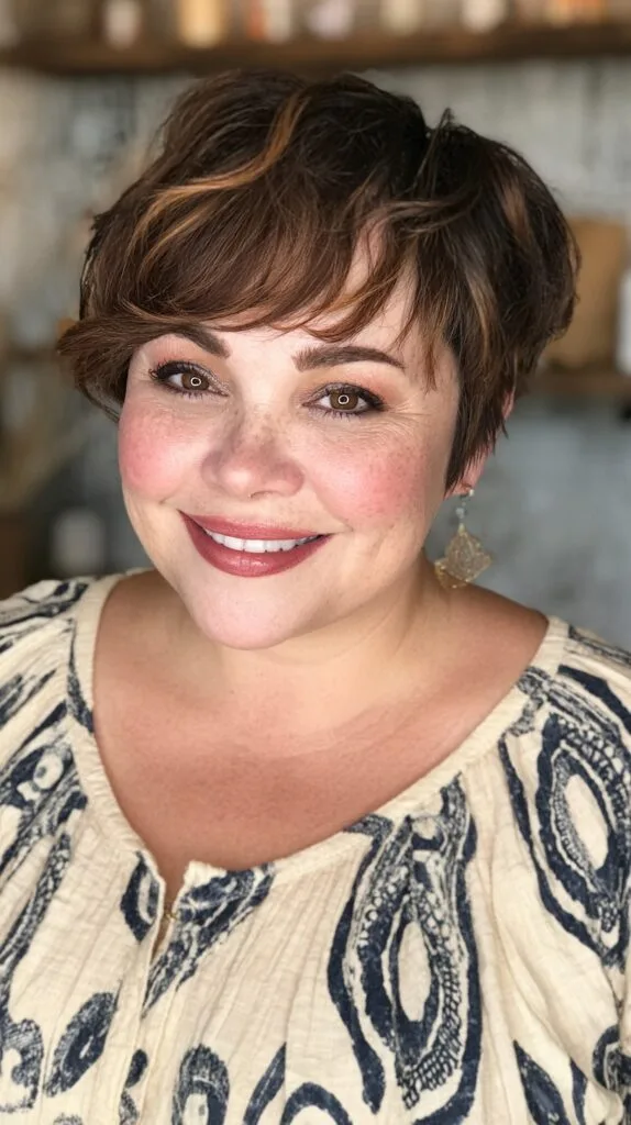 Soft Cinnamon Swirl Pixie with Voluminous Bangs