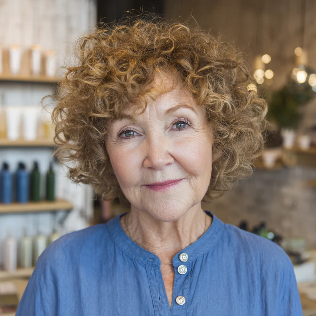 Soft Curly Shoulder-Length Cut with Warm Blonde Highlights