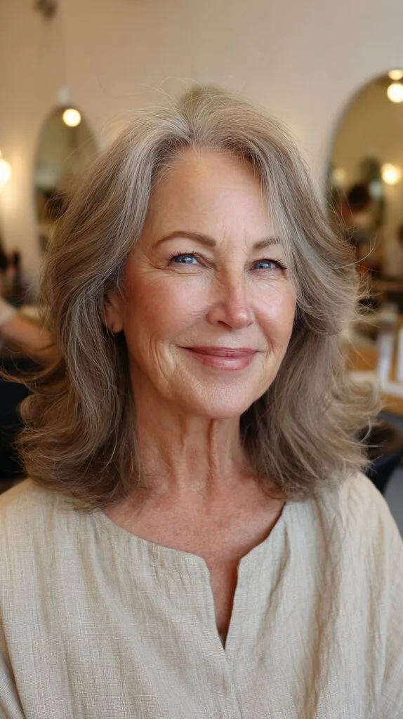 Soft Feathered Mid-Length Silver Lob with Gentle Face-Frame