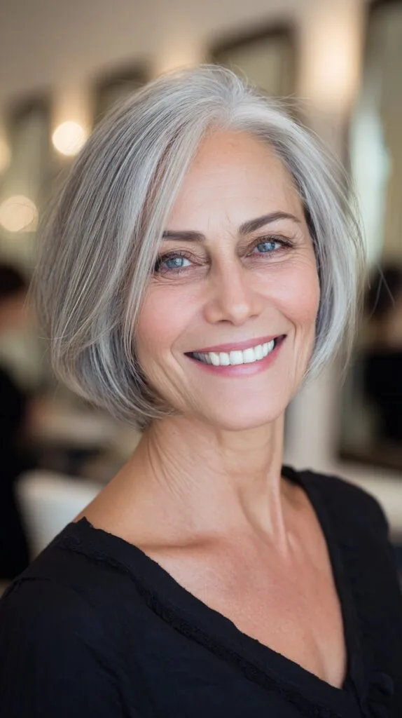 Soft Graduated Silver Bob with Face-Framing Layers