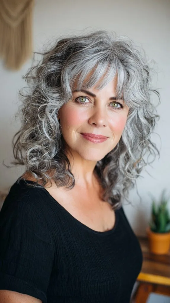 Soft Gray Layered Curly Shag with Feathered Face-Framing Bangs