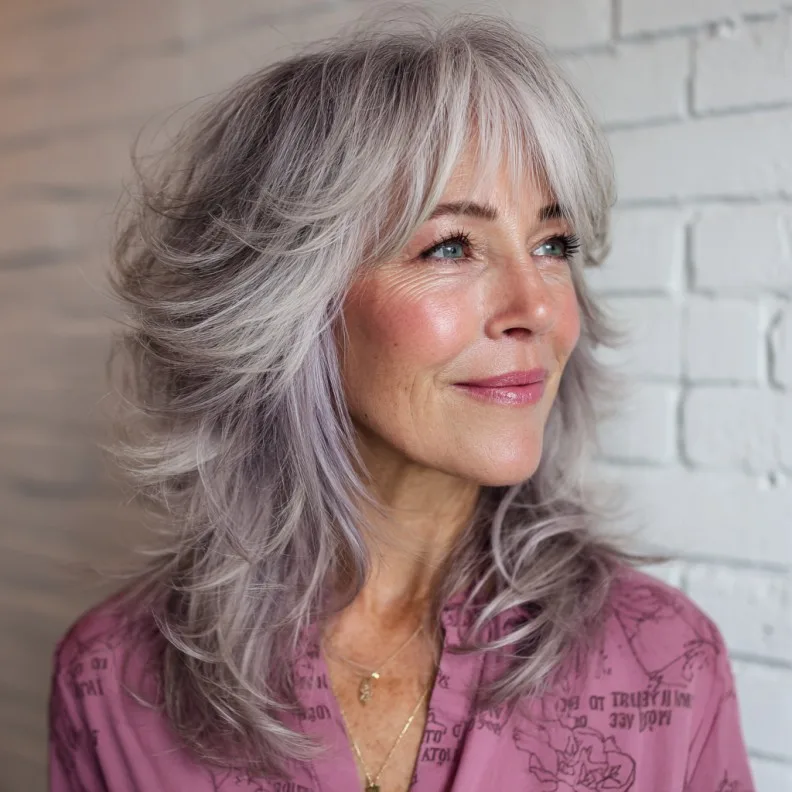 Soft Lavender Layered Shag with Feathered Bangs