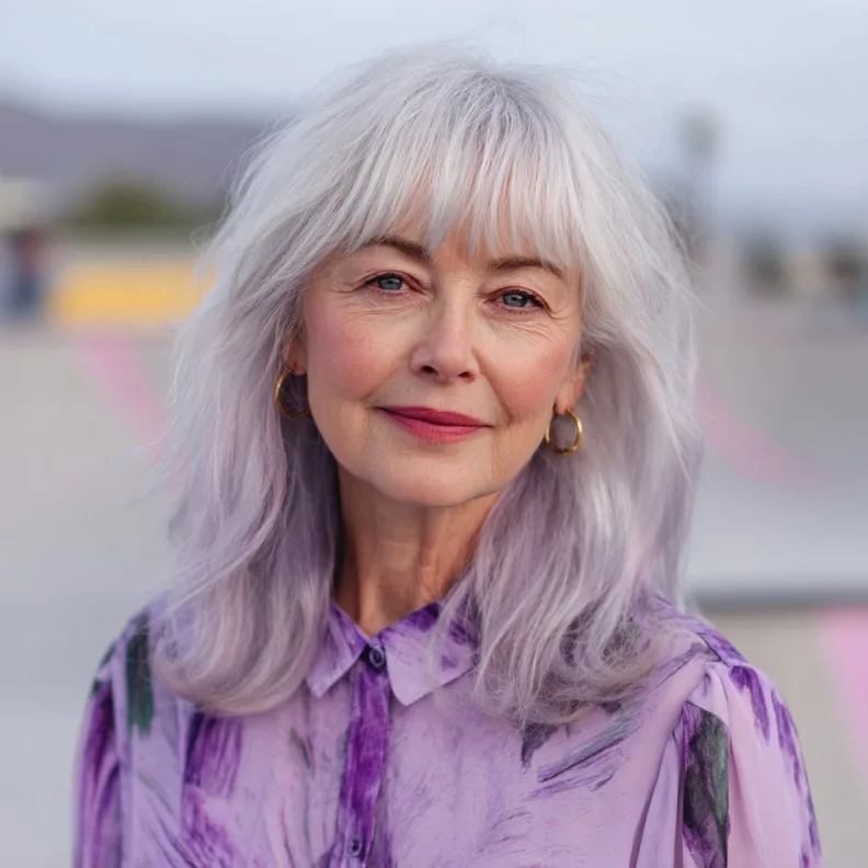Soft Lavender Long Layers with Brow-Skimming Bangs