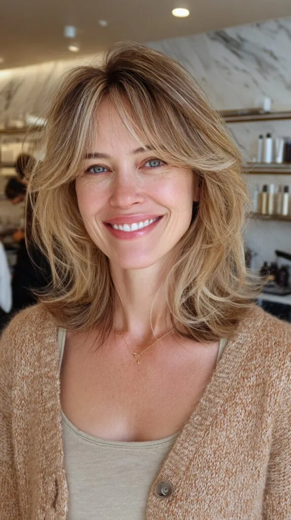 Soft Layered Curtain Bangs with Root-Shadow Balayage