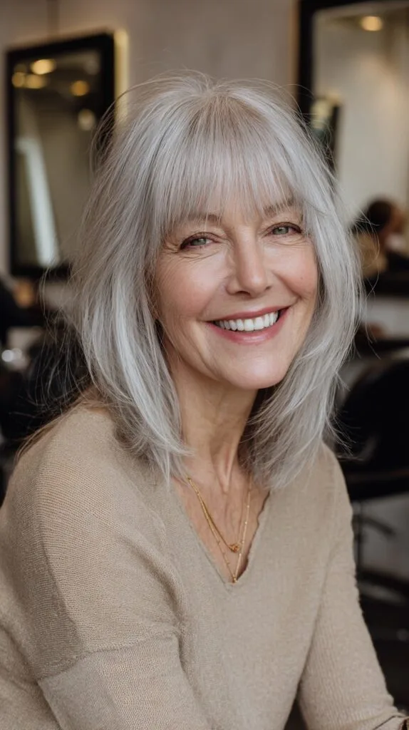 Soft Layered Silver Lob with Wispy Full Fringe