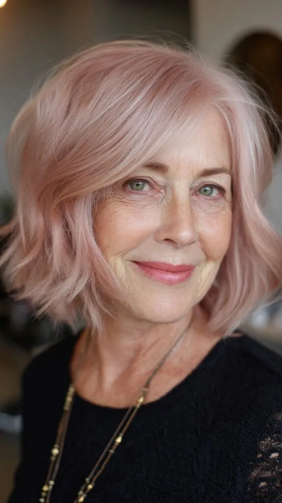 Soft Pastel Pink Feathered Bob for Mature Elegance