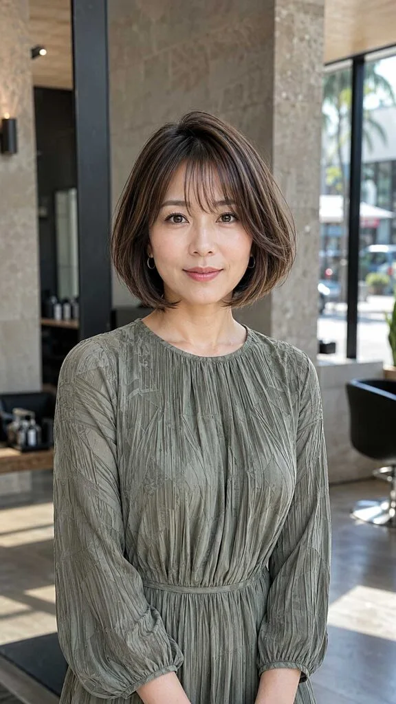 Soft Rounded Brunette Layered Bob with Wispy Bangs