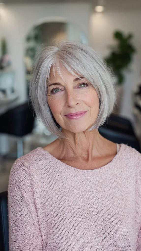 Soft Rounded Chin-Length Silver Bob with Wispy Fringe