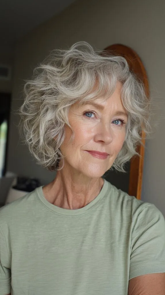 Soft Silver Curly Shag with Face-Framing Curtain Fringe