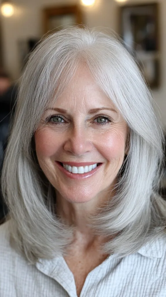 Soft Silver Mid-Length Blended Layers with Face-Framing Curtain