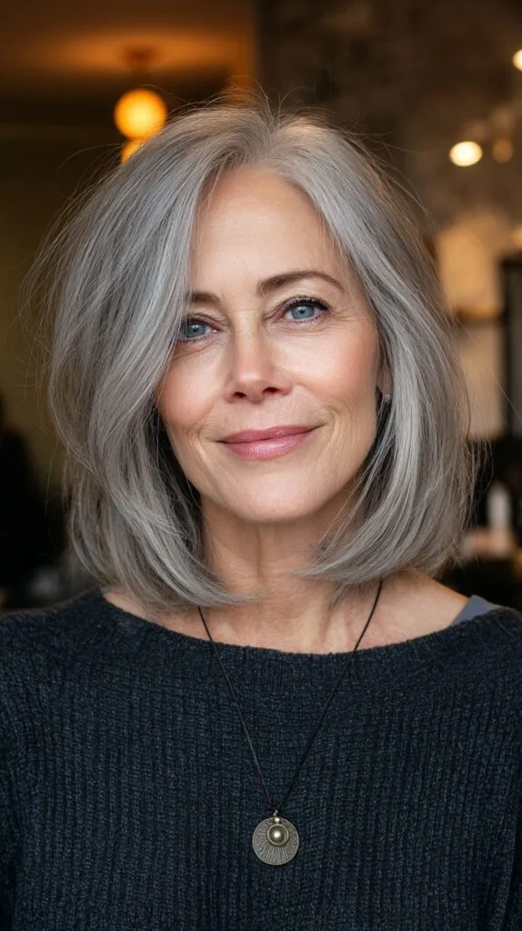 Soft Silver Shoulder-Length Layered Bob with Subtle Root Depth