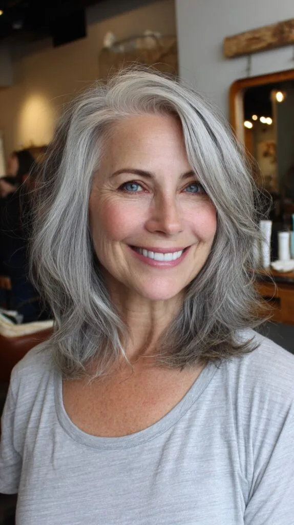 Soft Silver Shoulder-Length Shag with Face-Framing Layers