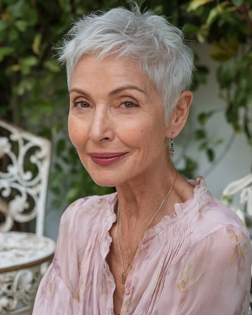 Soft white-grey pixie haircut with wispy layers for mature women over 60