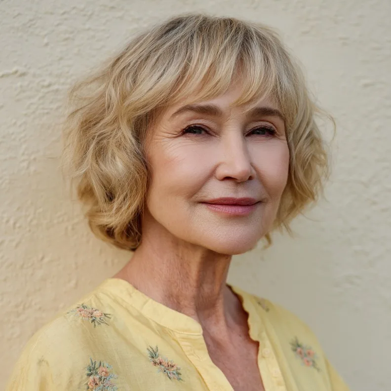 Softly Curled Golden Bob with Brow-Skimming Bangs