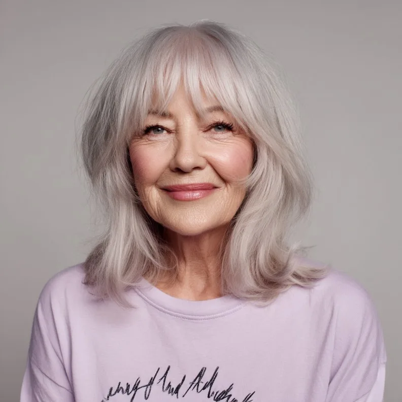 Softly Layered Ash Blonde Hair with Brow-Skimming Bangs