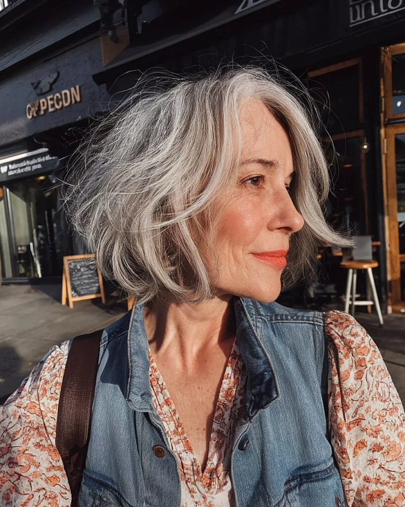 Softly layered bob with silver grey highlights for mature women