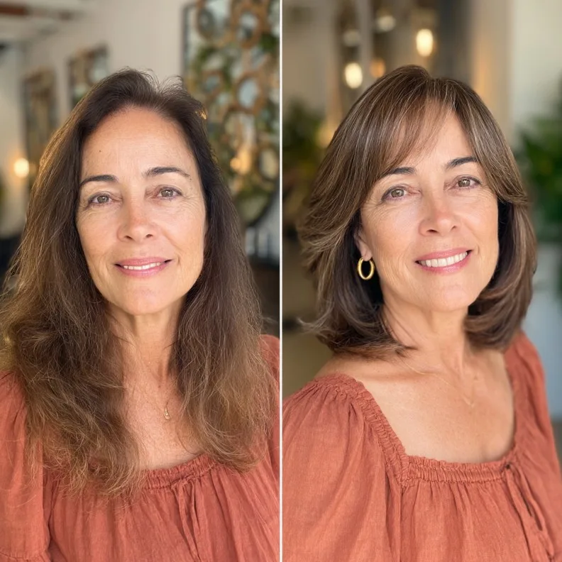 Softly Layered Brown Hair with Brow-Skimming Bangs