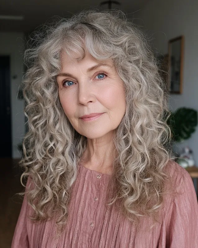 Softly Layered Curly Silver Hair with Wispy Bangs