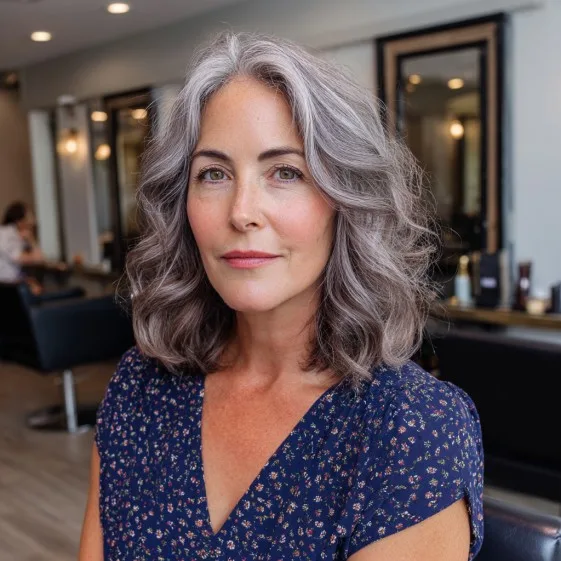 Softly Layered Grey Waves with Subtle Balayage
