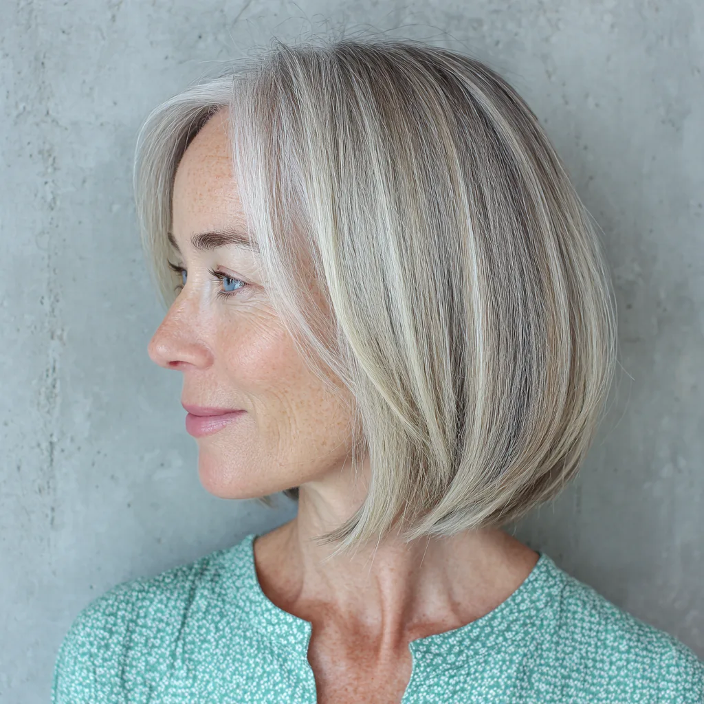 Softly Layered Silver Bob with Bright Highlights