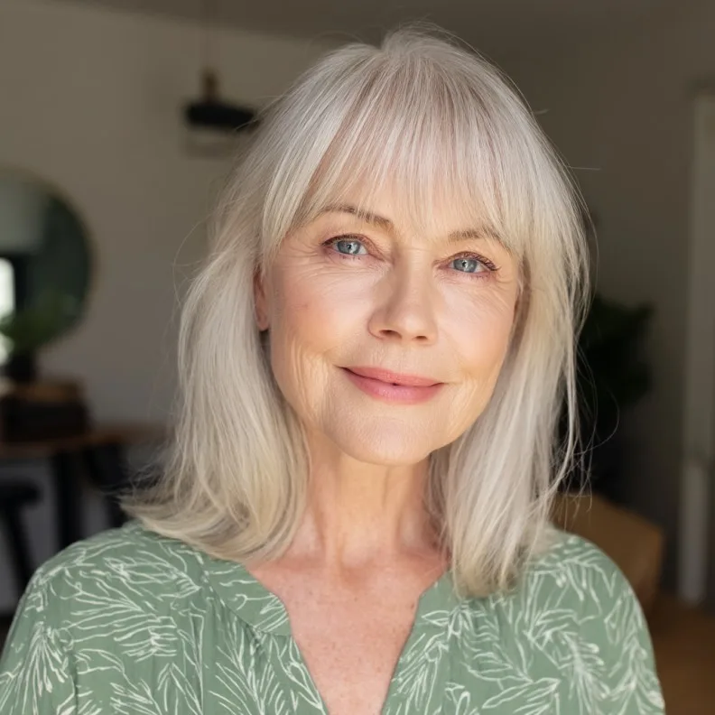 Softly Layered Silver Hair with Brow-Skimming Bangs