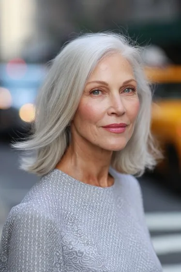 Softly Layered Silver Long Bob with Natural Movement
