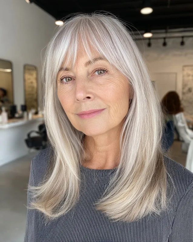 Softly Layered Silvery Hair with Long Bangs
