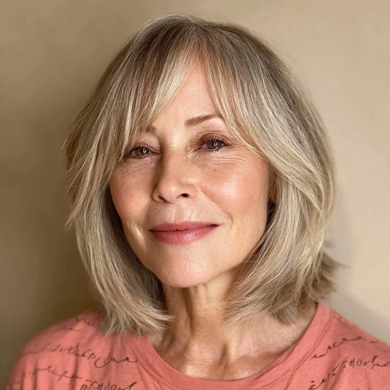 Softly Textured Shoulder-Length Cut with Brow-Skimming Bangs