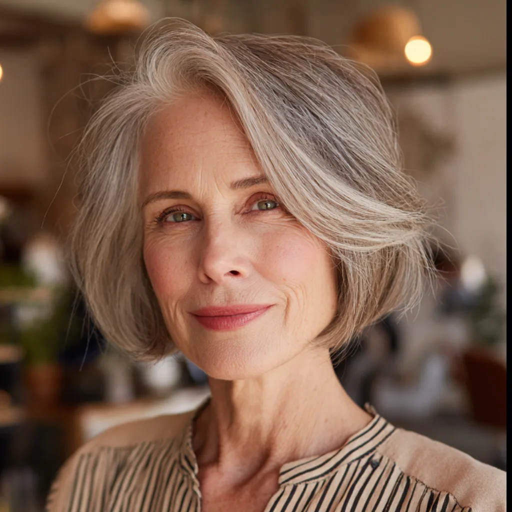 Softly Textured Silver Bob with Side-Swept Layers