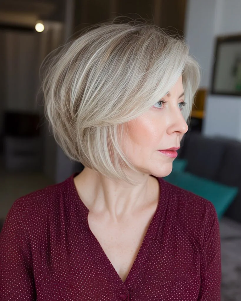 Stacked angled bob for older women with fine blonde hair and side-swept layers