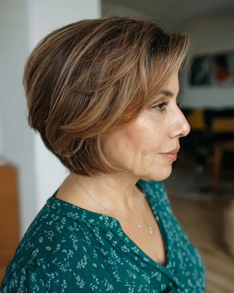 Stacked angled bob haircut for older women with volume and layered crown